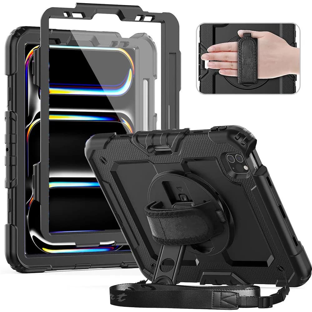 Custodia per iPad Pro 11 2024 con protezione per lo schermo, porta matita, supporto/maniglia girevole, tracolla, custodia antiurto per iPad Pro 11