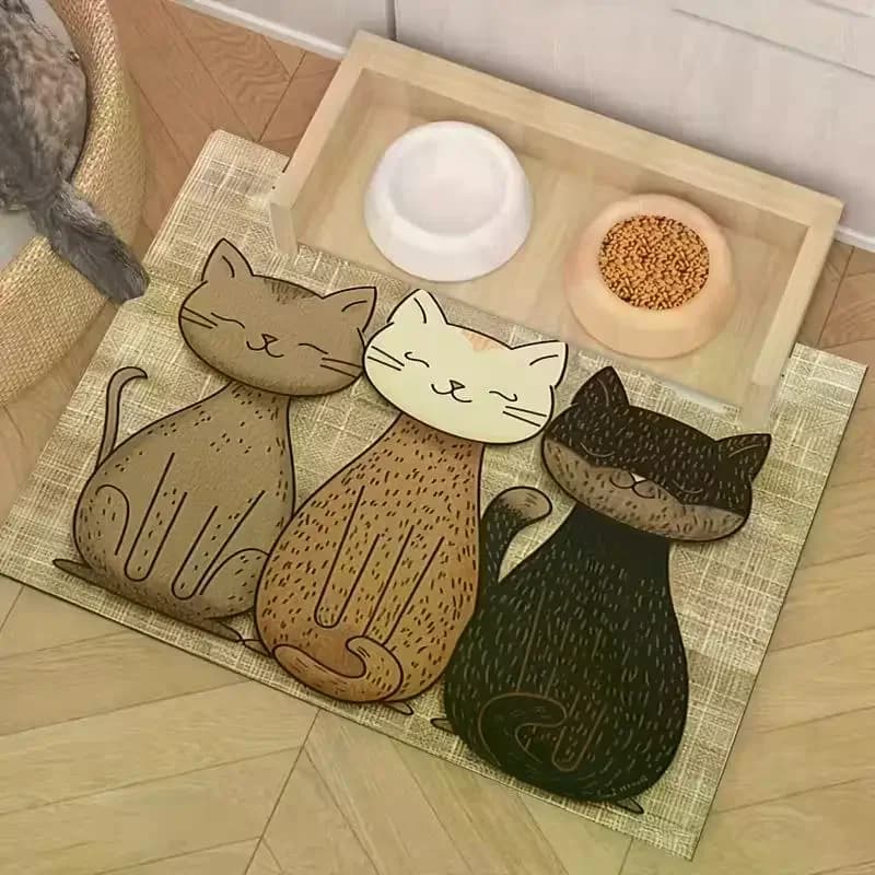 Non Slip Waterproof Cat Feeding Mat Cute Cartoon Cat Pattern Linen Texture Pet Food Bowl Area Protect Home Floors Tidy