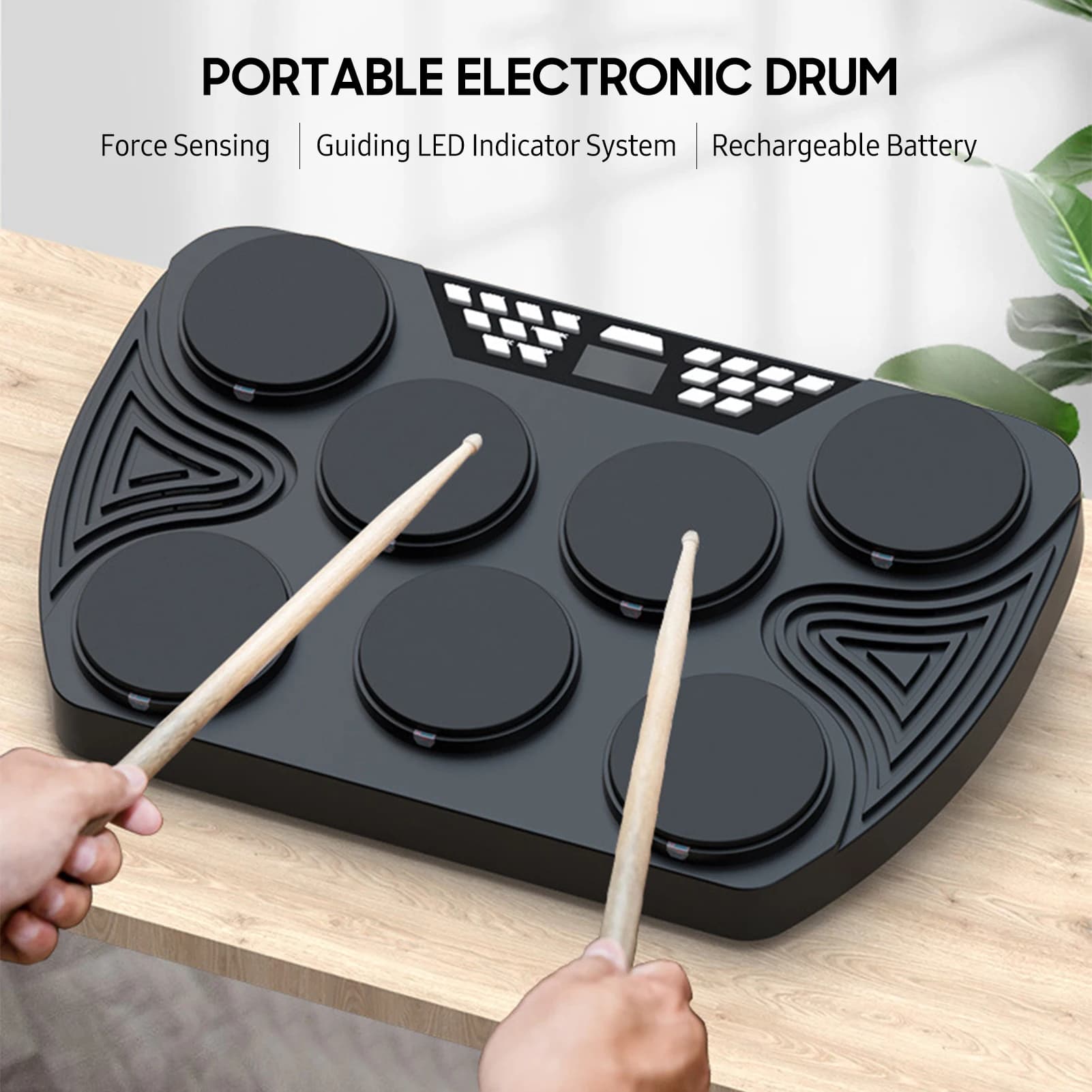 Set di batteria elettronica portatile 7 cuscinetti sensibili alla velocità Tamburo da tavolo 2 altoparlanti integrati Pad per batteria da pratica ricaricabile stereo