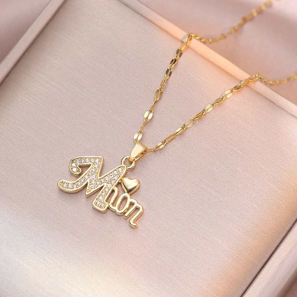 Creative Simple Mom Letter with Zircon Necklace for Women Stainless Steel Chain Jewelry Mother's Day Birthday Gifts for Mama
