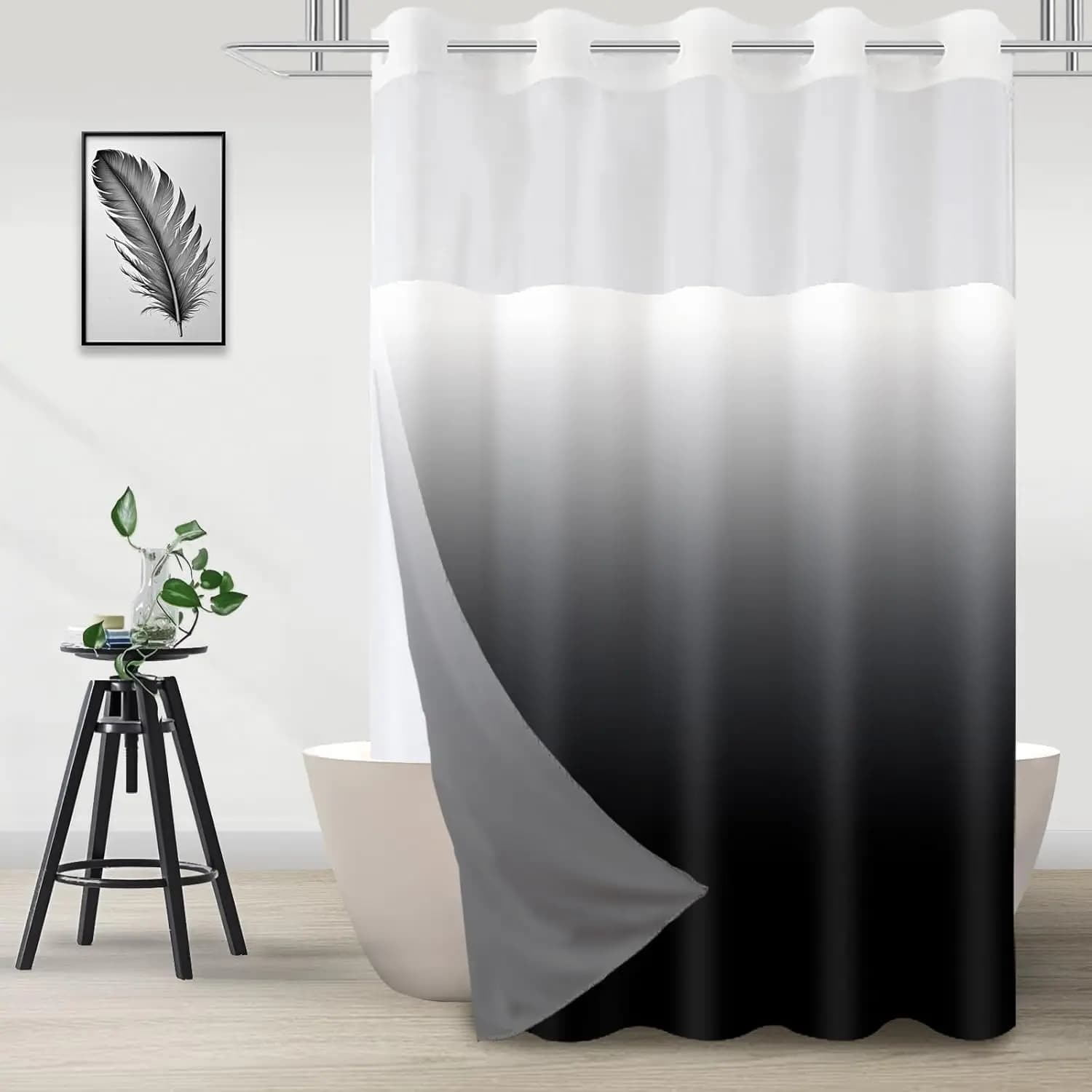 Tenda da Doccia Ombre Bianco e Nero con Rivestimento a Incastro, Tessuto Impermeabile Lavabile, 71x74 Pollici