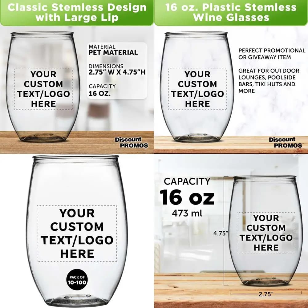 Set di Bicchieri da Vino Senza Stelo Trasparenti da 16 oz - Personalizzabili in Confezioni da 10/50/100, Ideali per Eventi all'Aperto, Raduni a Bordo Piscina