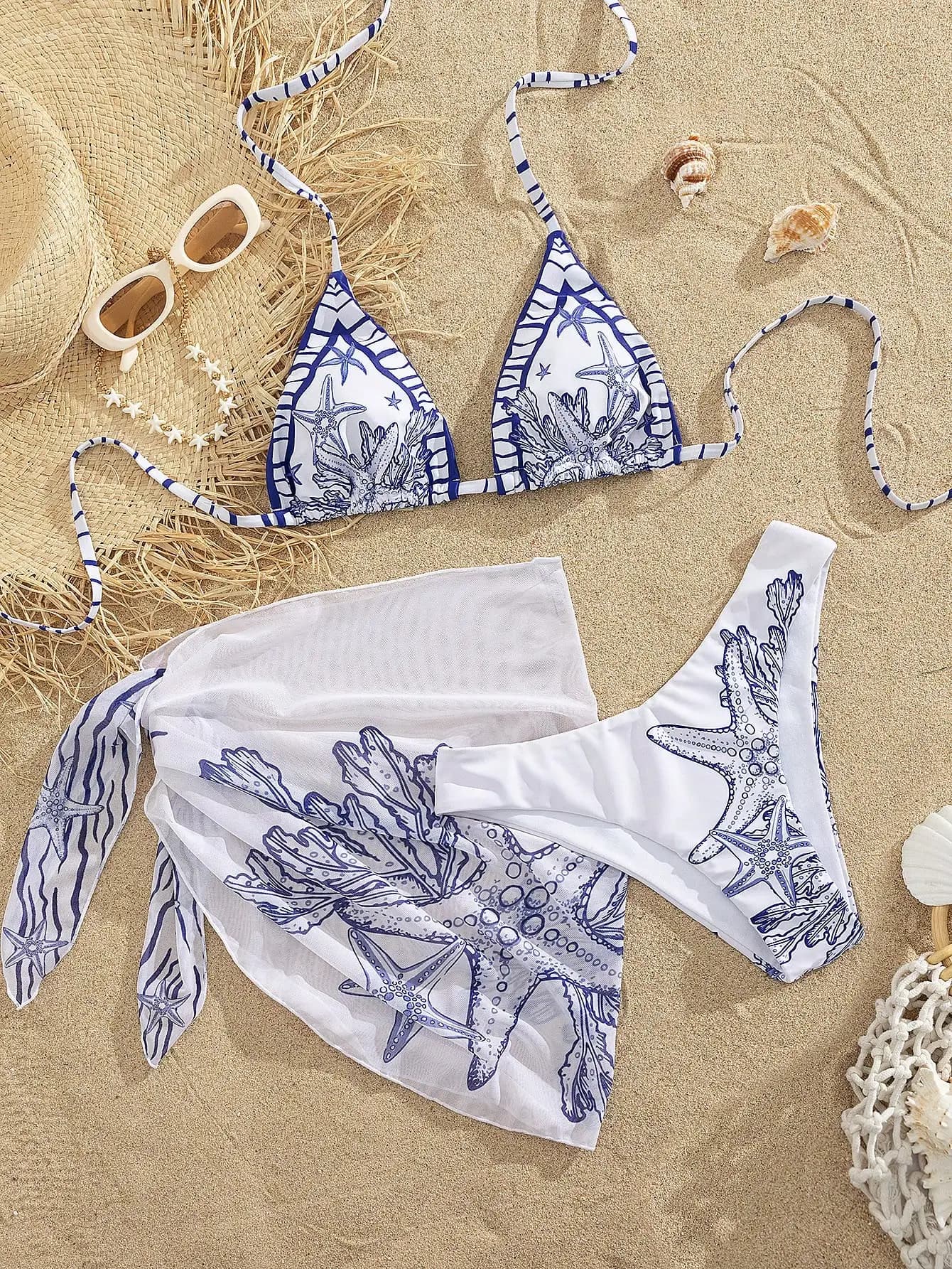 Ocean Print Triangle Bikini Set With Mesh Skirt 3 Pieces Beach Resort Swimwear