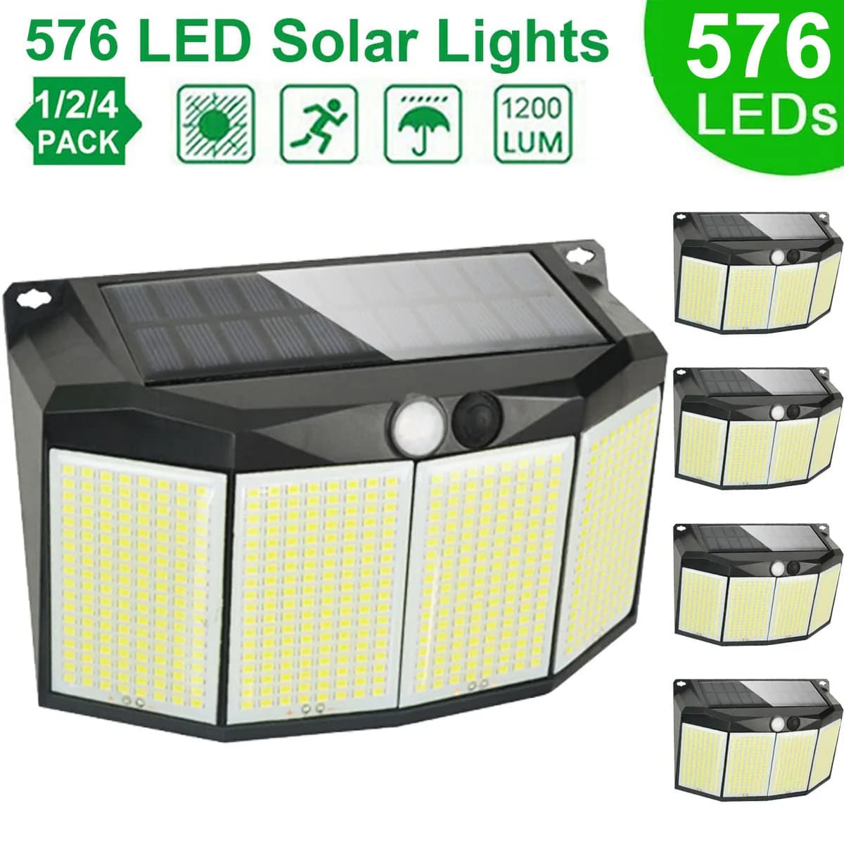 Lampada solare da esterno 576 LED con sensore di movimento, impermeabile, 3 modalità di funzionamento Lampada di sicurezza ad energia solare Decorazione del patio del giardino