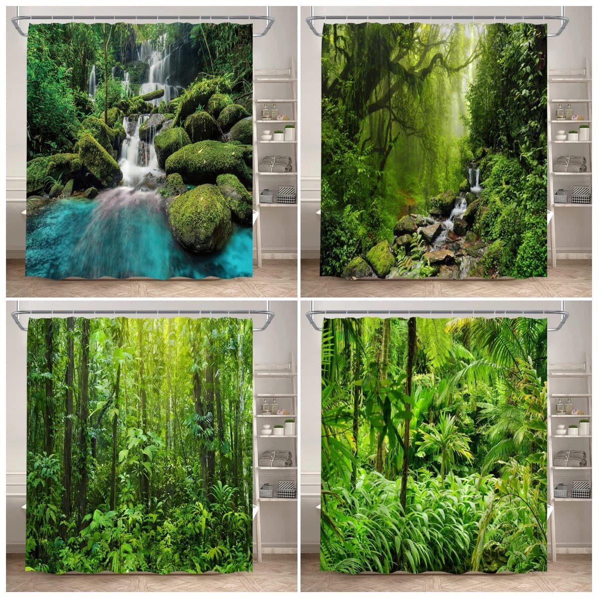 Tende da Doccia con Paesaggio Forestale, Giungla Tropicale, Piante di Palma, Cascata, Scenari Naturali, Tenda in Tessuto per Bagno con Ganci