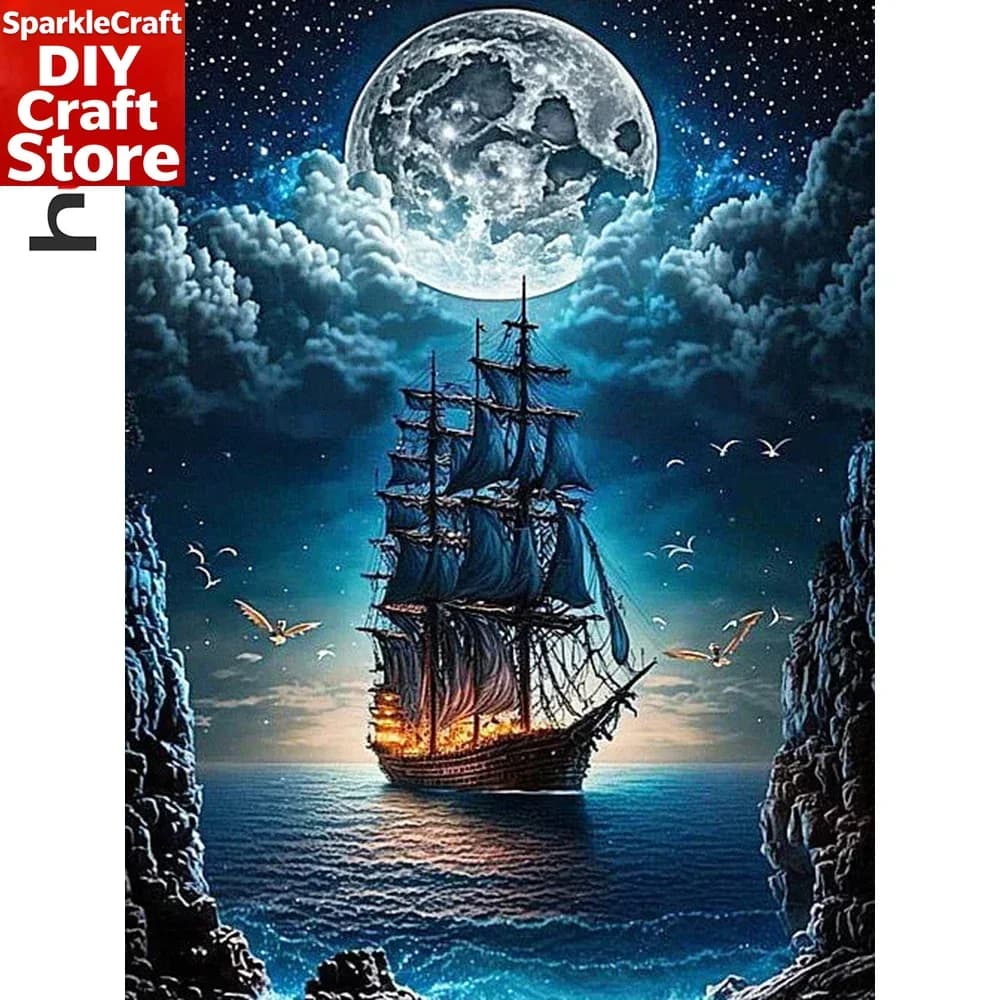 Kit per Ricamo a Diamante Completo Senza Cornice, Paesaggio, Punto Croce, Mosaico a Diamante Fai da Te, Immagini con Strass Luna, Regalo, Quadro Decorativo