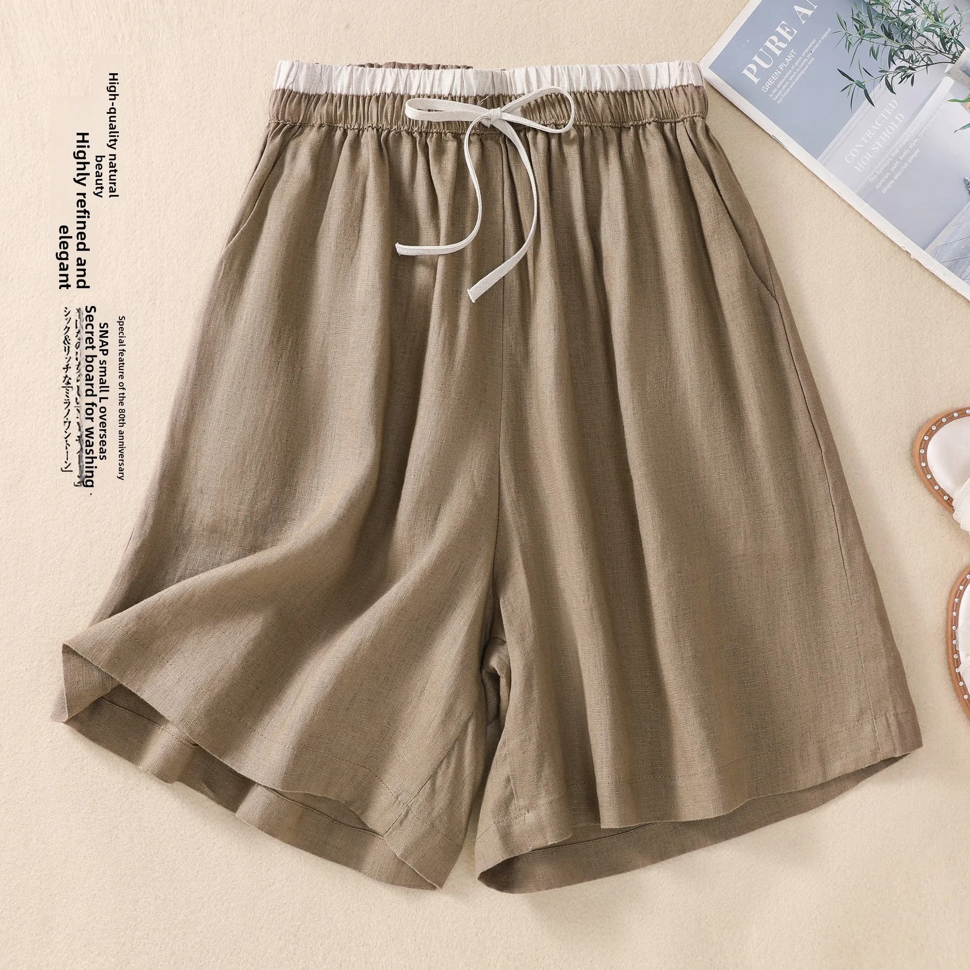 Comodi pantaloni a gamba larga in cotone e lino da donna, pantaloni corti con cintura in vita per il pendolarismo e l'abbigliamento casual, nuovo arrivo estivo