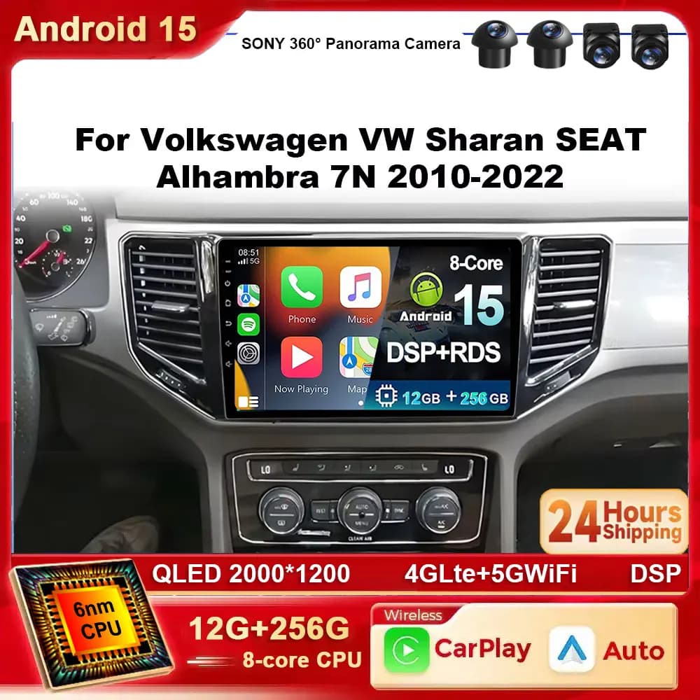 Android 15 Autoradio Stereo Per Volkswagen VW Sharan SEAT Alhambra 7N 2010-2022 Auto Lettore Multimediale GPS Carplay 4G BT Wifi