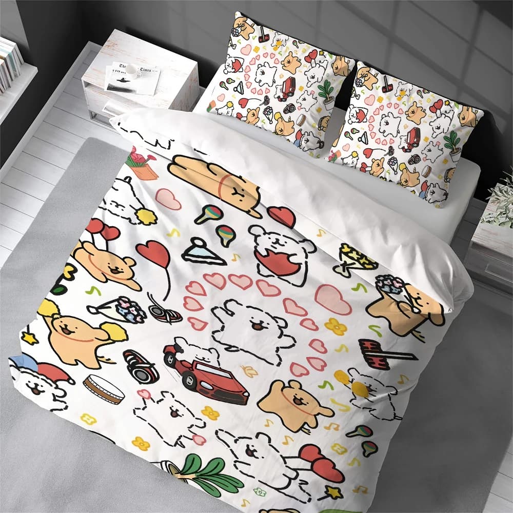 Set Copripiumino con Cucciolo Maltese in Stile Cartone Animato Coreano, Biancheria da Letto in Morbido Cotone Lavabile, Set 3 Pezzi per Casa, Dormitorio Studenti, Idea Regalo