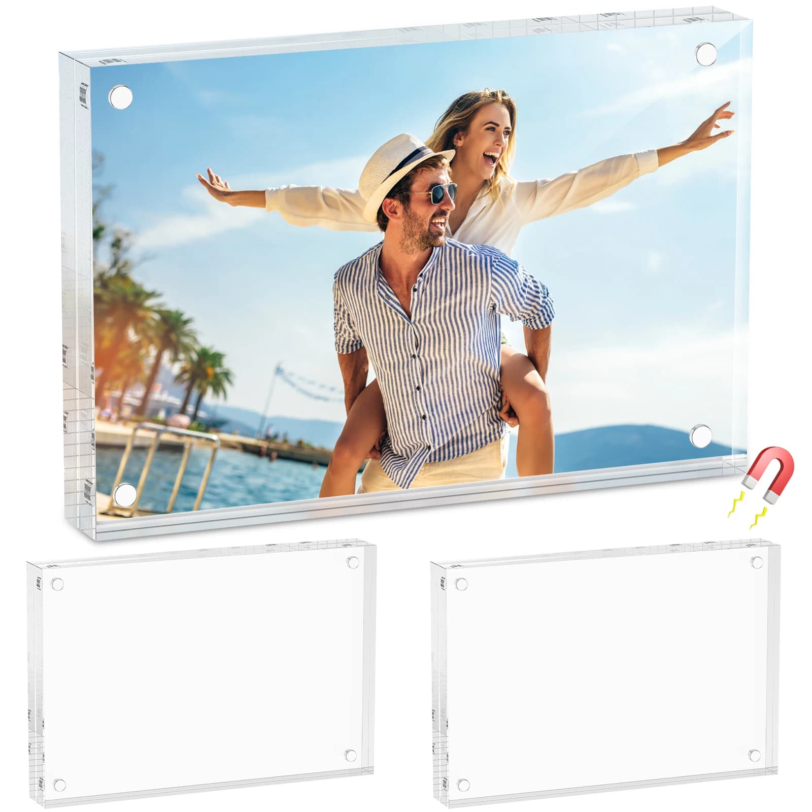 3-piece acrylic photo frames, transparent photo frames, self-supporting magnetic frames, frameless, double-sided, for desktop display