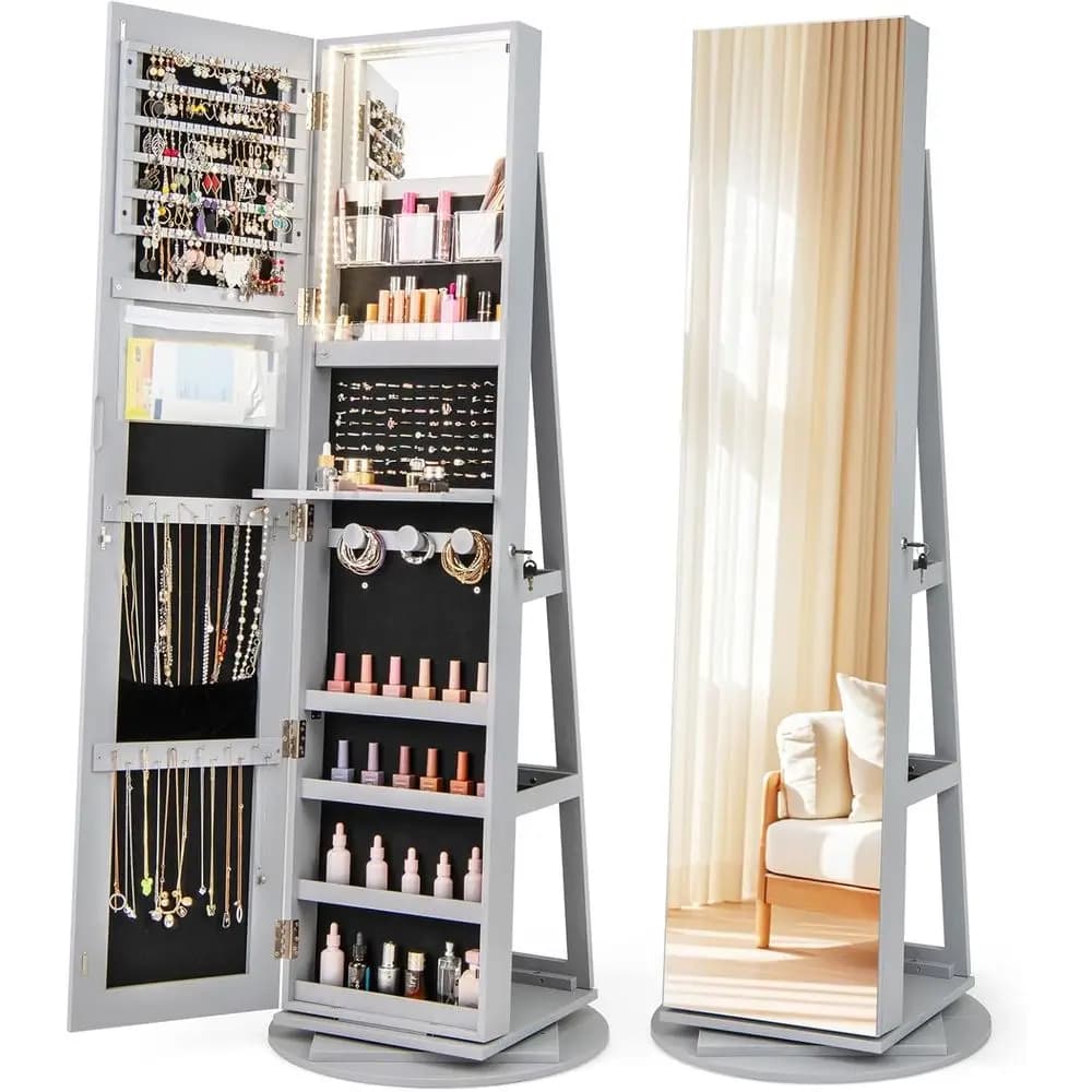 360° Swivel lry Cabinet, Lockable lry Organizer with Rear Storage Shelves, Standing lry Armoire with ull-Length Mirror & 3-Color