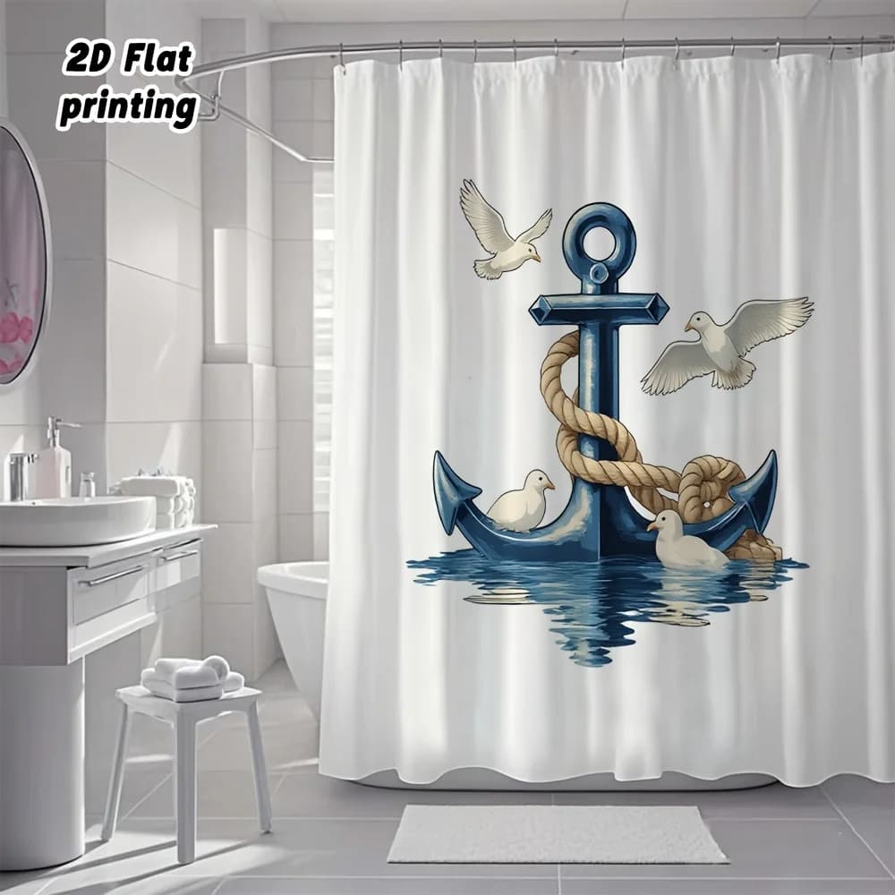 Nautical Anchor Shower Curtain, Seagull & Rope Print Bath Screen, Waterproof Polyester Fabric Marine Bathroom Decor with Hooks