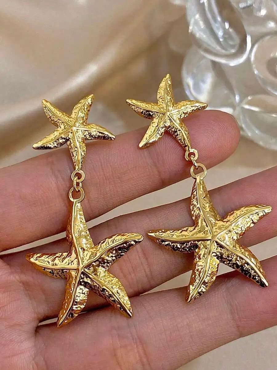 1 Pair Gold Star Dangle Earrings, Long Drop Earrings For Women, Suitable For Daily Wear, Party, Christmas, Birthday Gift