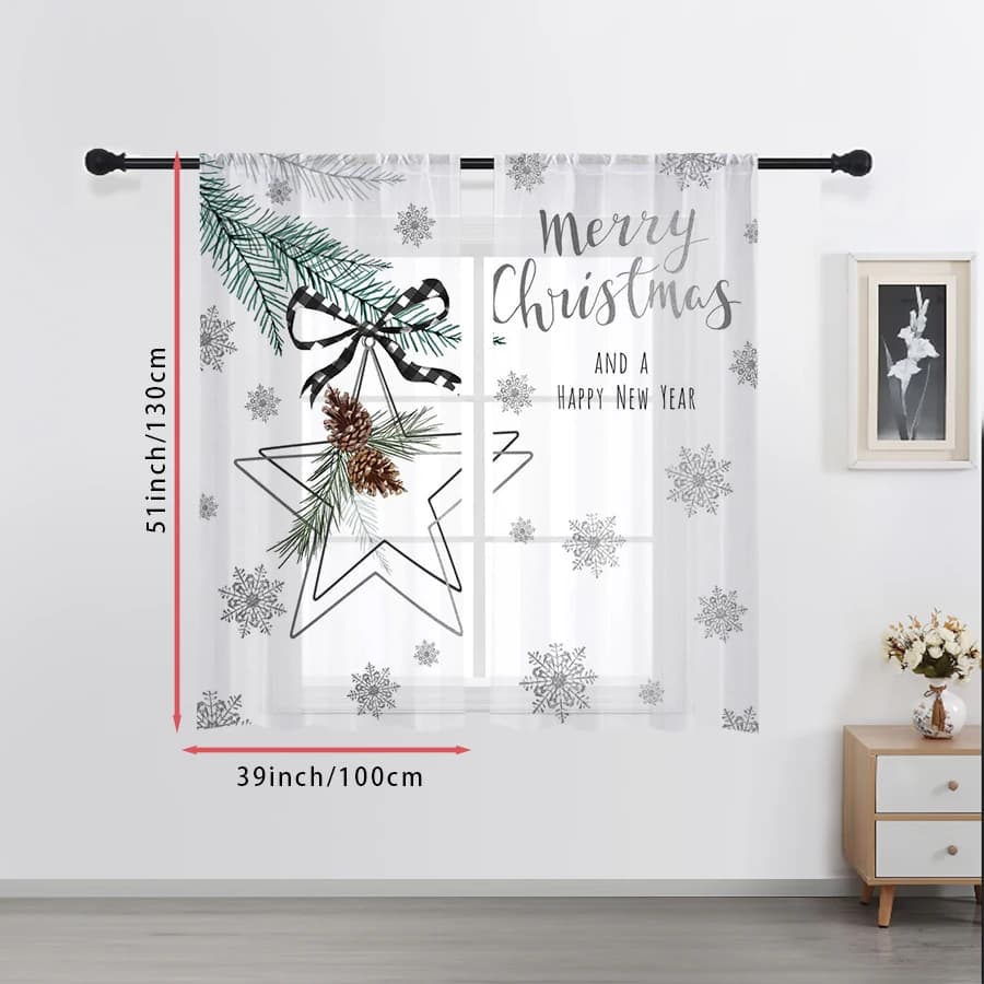 2PCS Black Plaid Bow Sheer Curtains, Pinecone Star Christmas Print, Rod Pocket Window Drapes for Xmas Farmhouse Decor