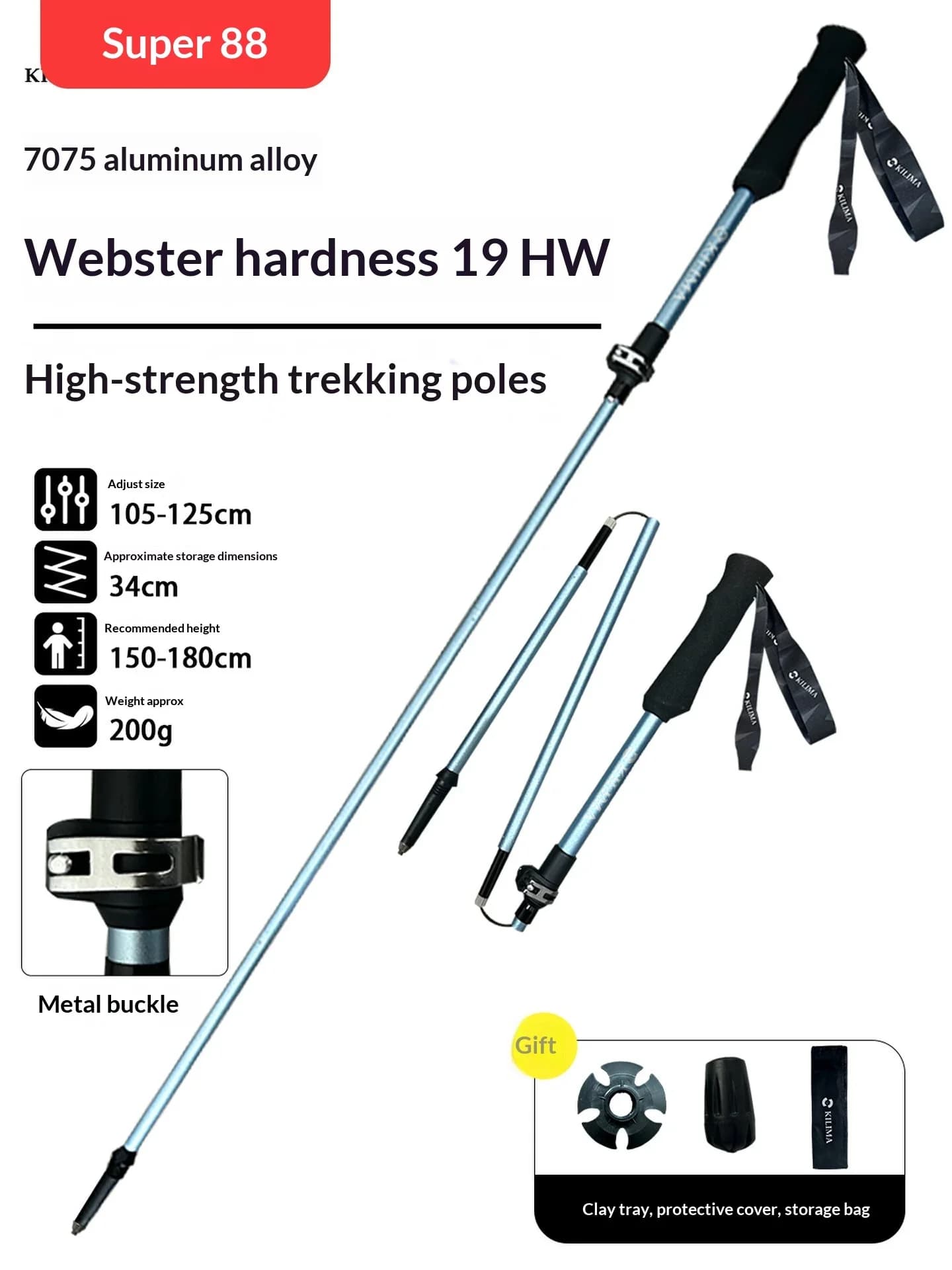 19HW Hardness Metal Lock, Full Accessories Included 7075 Aluminum Alloy Trekking Pole Ultra Light Adjustable 34cm Folded