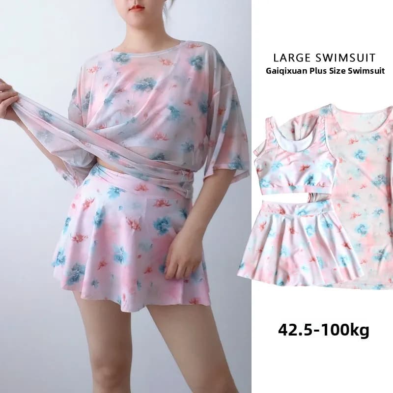 New plus Size Floral Bikini Three Piece Set for Plump Girls Sports Style Student Slimming Conservative Cute Beachwear Swimsuit