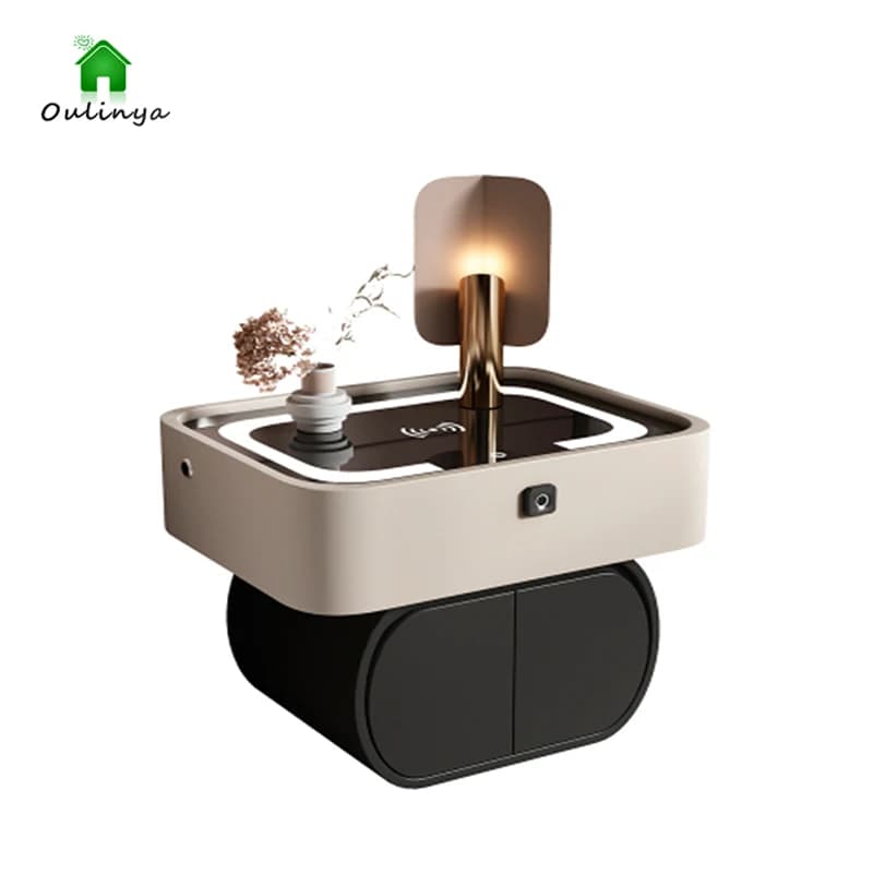 Smart Solid Wood Bedside Cabinet With LED Light Wireless Charging Fingerprint Lock Creative Bedroom Sofa Side Storage Nightstand