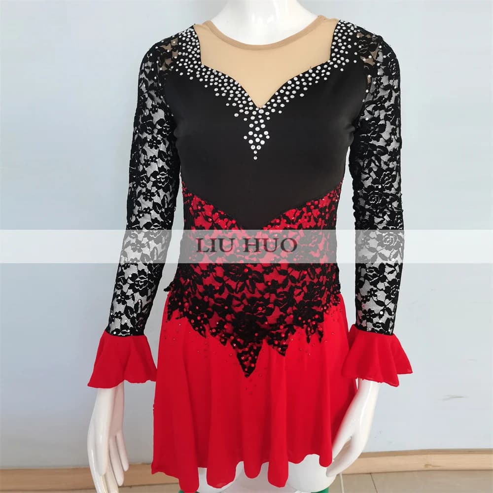 LIUHUO Danza sul Ghiaccio Pattinaggio di Figura Vestito Donna Ragazza Adulta Adolescente Personalizza Costume Concorso di Prestazioni Danza Body Rosso Nero