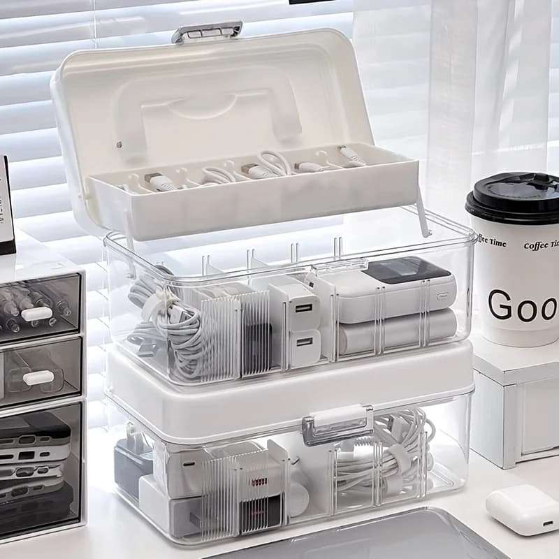 Portable Cable Organizer Box Double‑Layer Design with Removable Dividers Desktop Storage Case for USB Cables Chargers Power