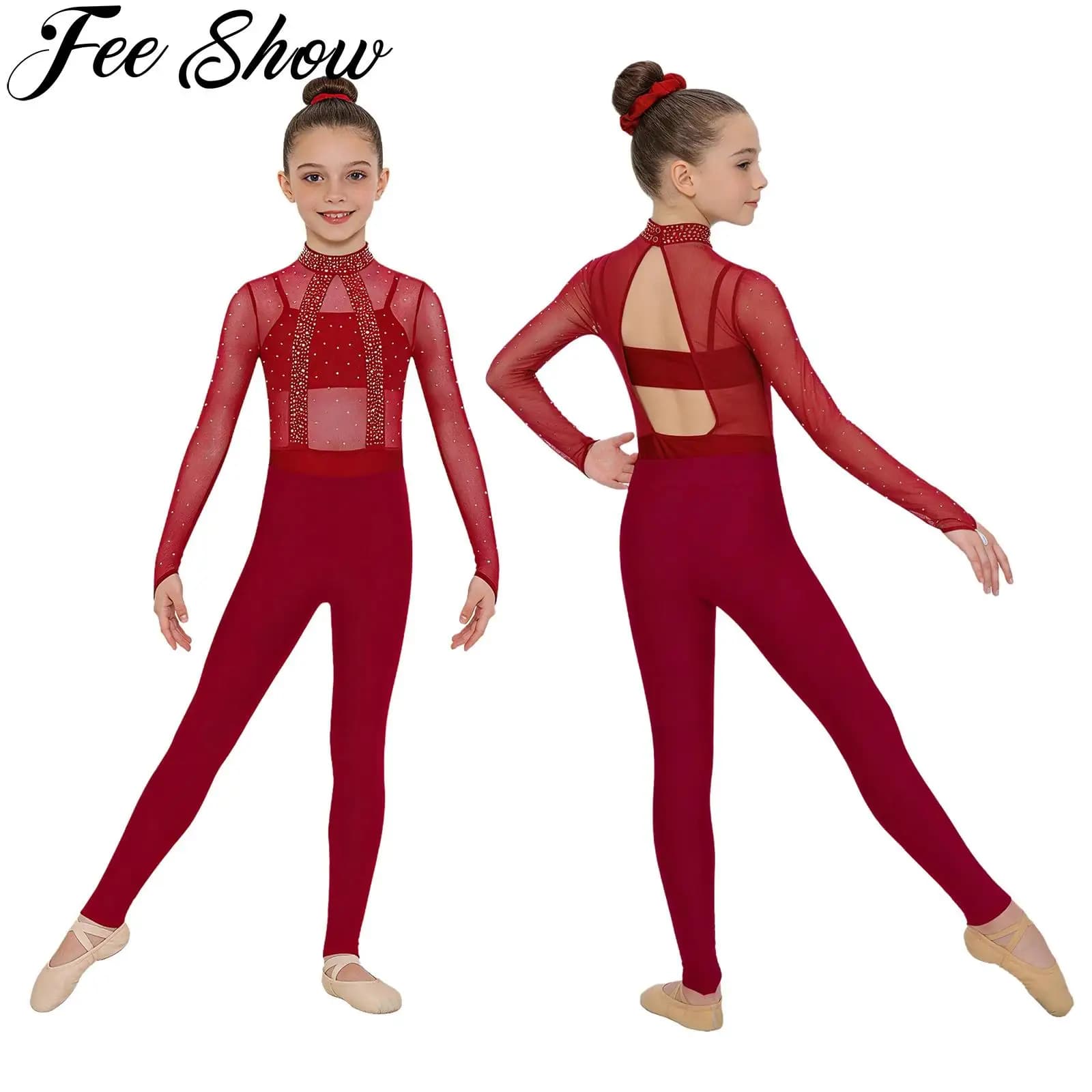 Body da ginnastica per bambina con strass, maglia trasparente, balletto, danza, pattinaggio di figura, body con set di leggings a canotta