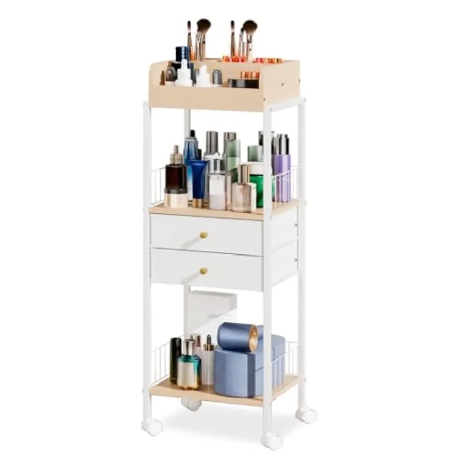 Carrello Organizzatore Trucchi e Cosmetici con Ripiani, Mobile Contenitore da Terra per Vanity e Stazione di Trucco con Ruote