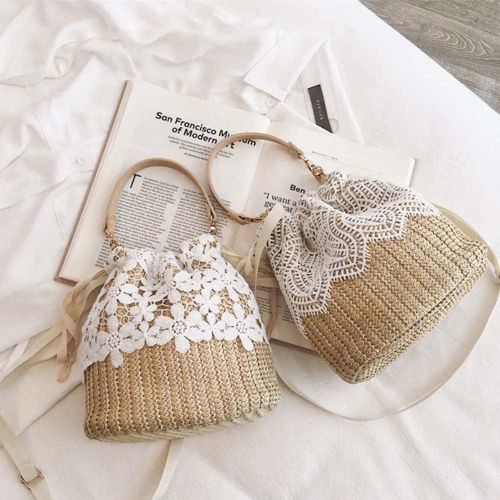 Vintage Lace Straw Shoulder Bag Bohemian Flower Weave Tote Bag Bucket Bag Large Capacity Beach Handbag Summer