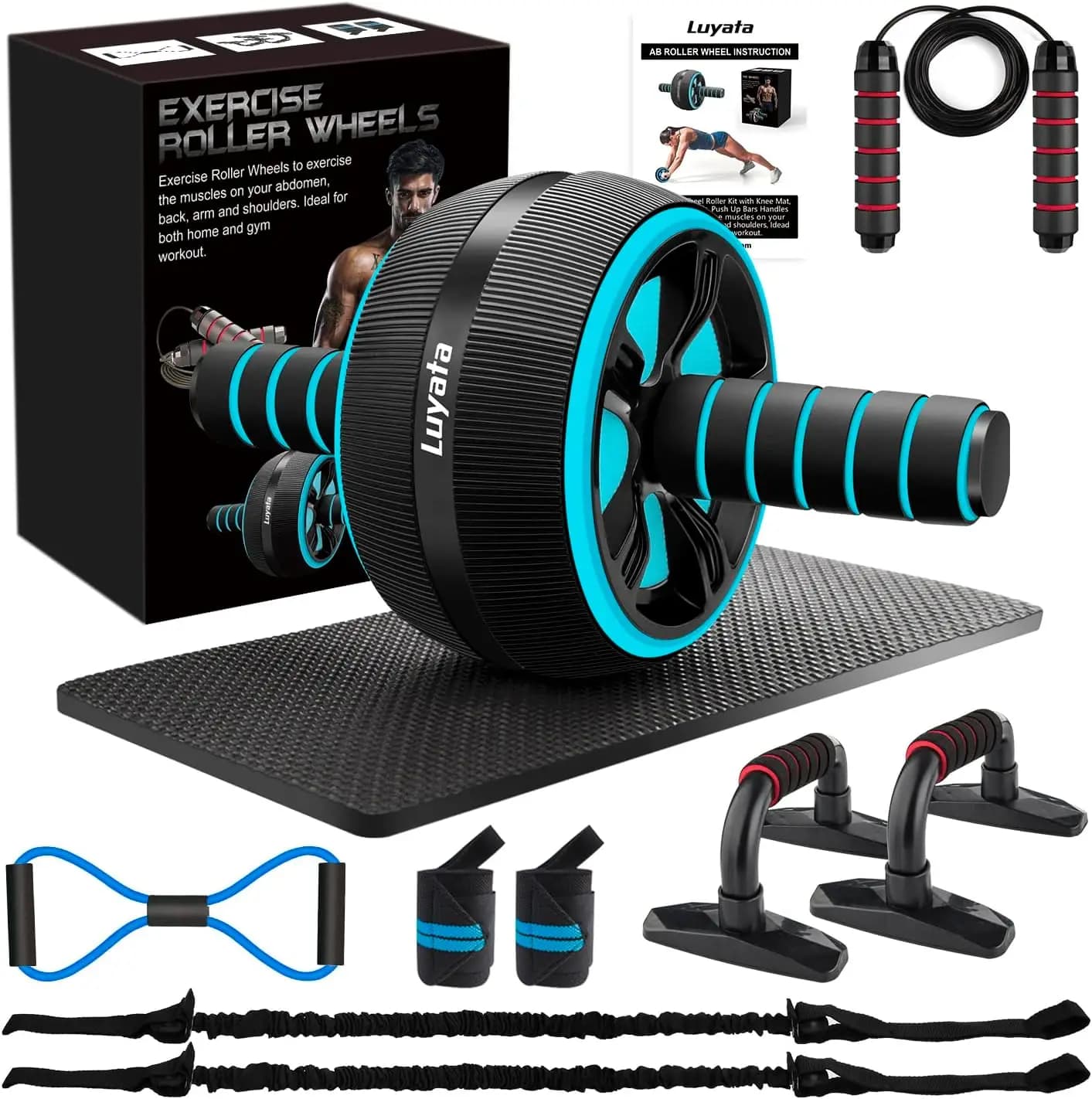 Ab Roller Wheel Exercise Wheel Kit Ab 10 in 1 with Resistance Bands Knee Mat Jumping Wheel Bar Spins Gym Equipment W