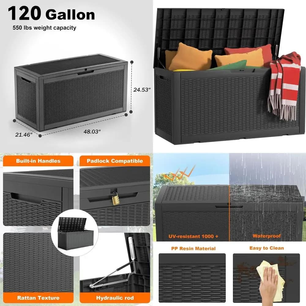 Contenitore da Esterno in Resina da 120 Galloni con Serratura, Ideale per Mobili da Patio, Accessori per Piscina, Attrezzi da Giardino - Impermeabile Nero