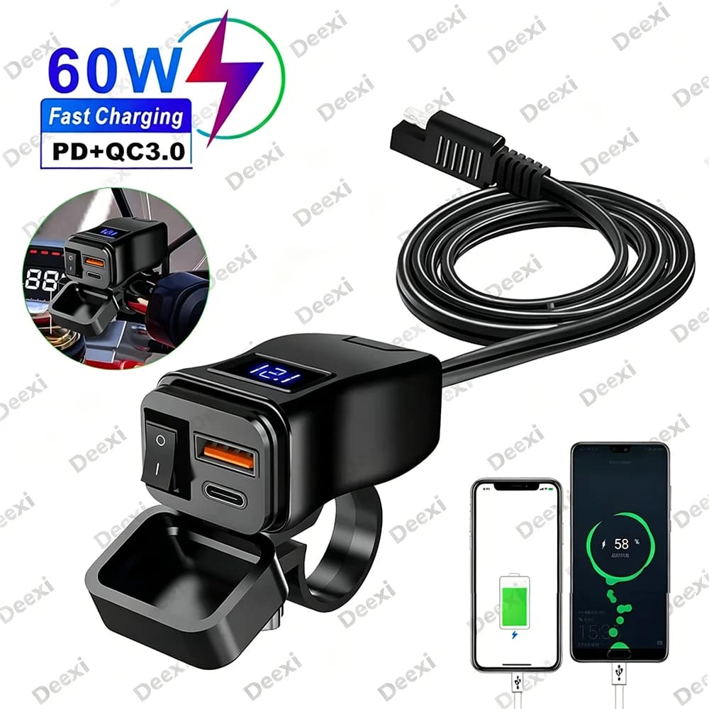 PD QC3.0 Quick USB Charger for Motorcycle 60W Dual USB Grip with Switch Voltmeter Power Adapter 12V Waterproof