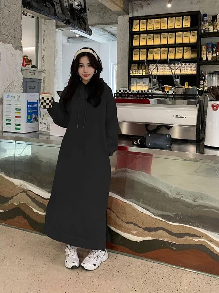 plus Size Women's Fleece Lined Thickened Hoodie Dress Long over Knee Slimming Split Casual Korean Style Polyester Fiber Long ...