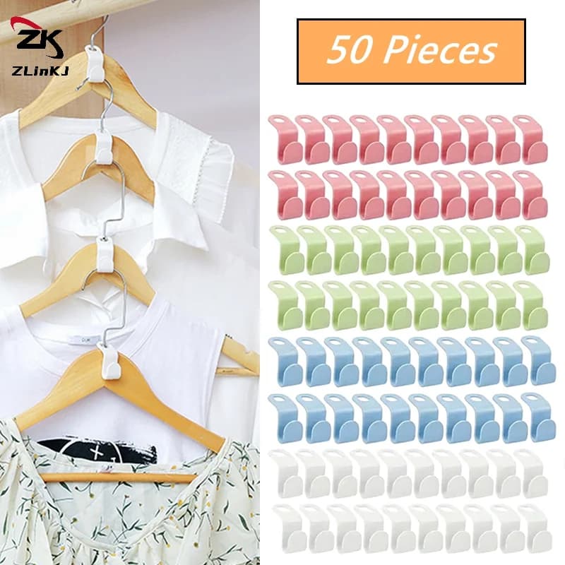 (ZYDD01) 50 Pz/Lot Mini Hooks Plastic Hanger Space Saving Wardrobe Connector Hook Sets Waterfall Clip Extension Clip