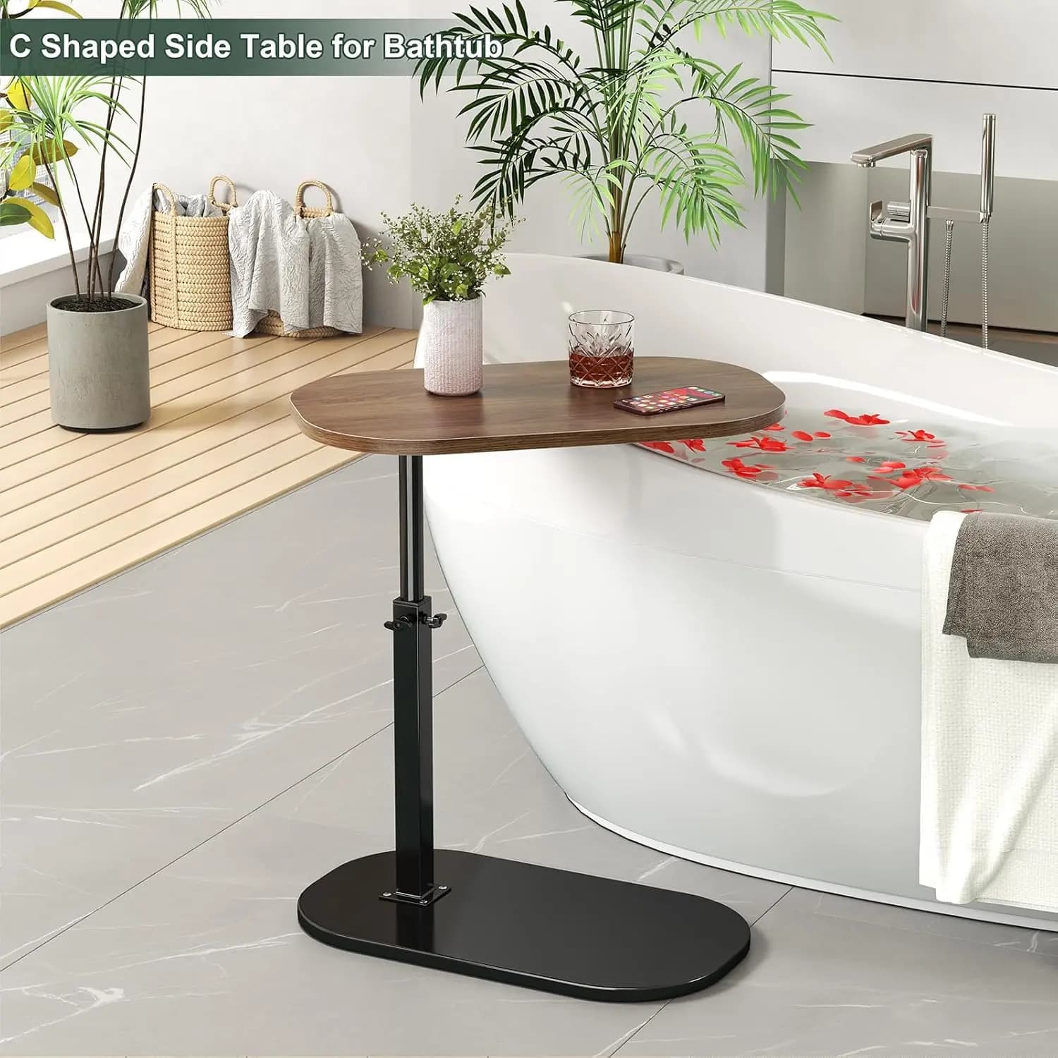 Tavolino regolabile a forma di C con piano girevole - Tavolino multi-altezza per divano, letto, vasca da bagno e soggiorno
