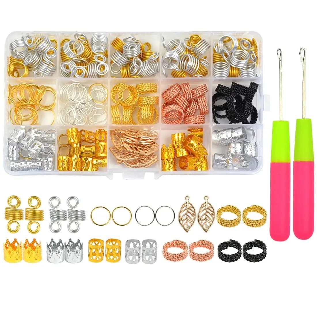 200 pezzi di perline per capelli africani polsini per capelli dreadlocks gioielli anelli per capelli 2 pezzi di dimensioni diverse serrature all'uncinetto gancio per trecce styling