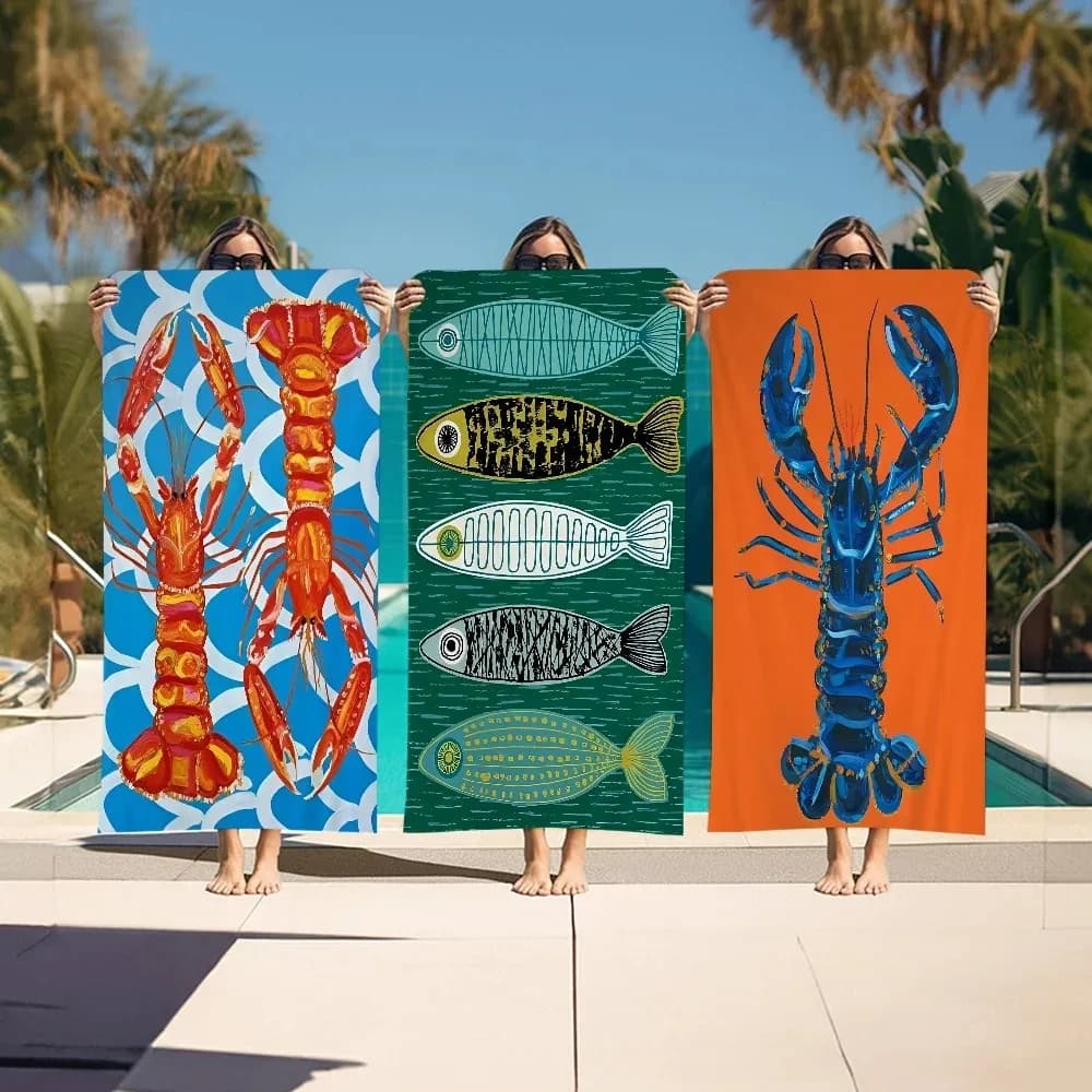 Telo Mare Grande con Motivo Aragosta, Asciugamano Artistico a Forma di Pesce, Asciugatura Rapida, Anti-Sabbia, per Piscina e Viaggi, Coperta Estiva per Vacanze