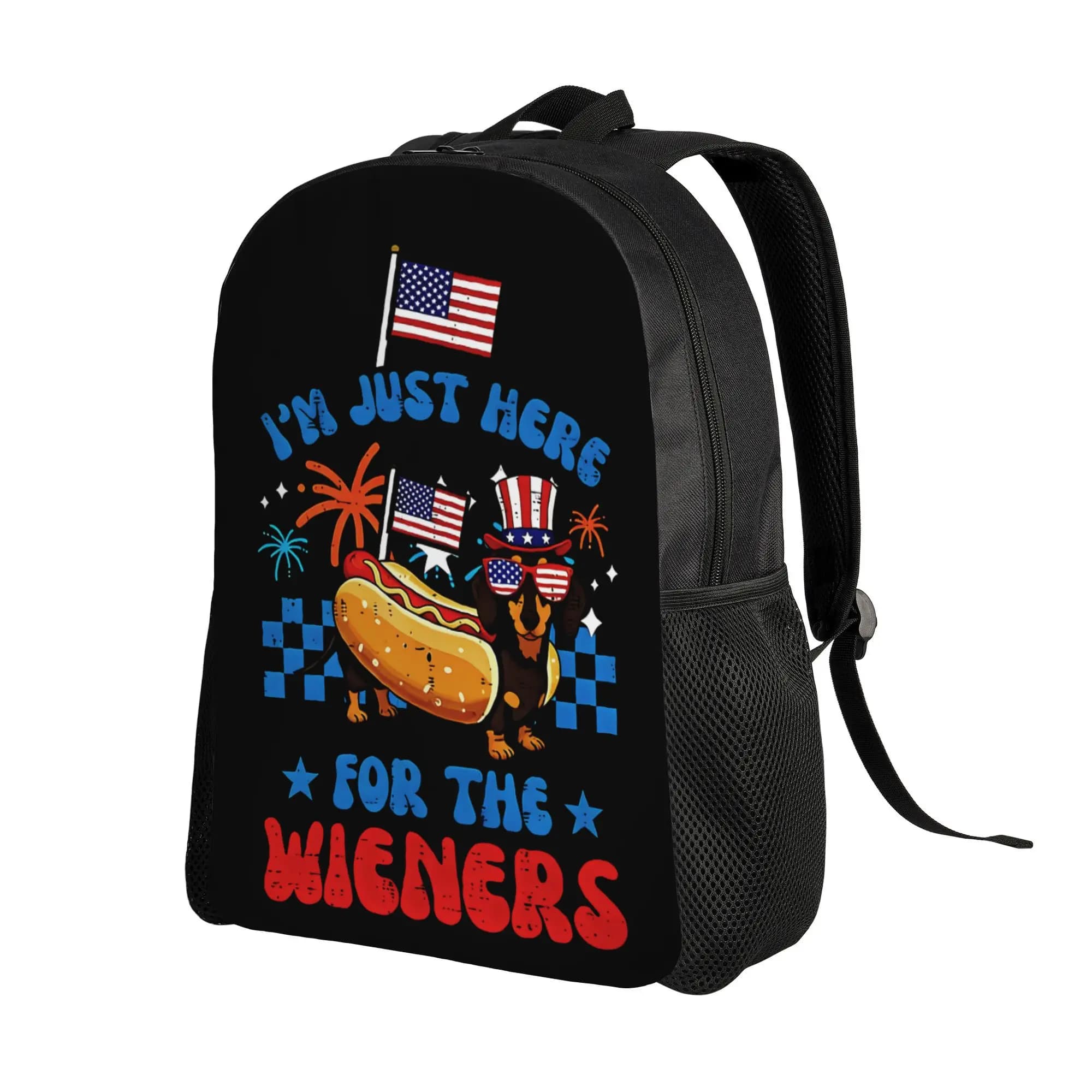 Birthday Wishes 4Th of July Dog Here for Wieners Dachshund Hotdog 1Pc Floral Design Large Capacity Backpack Nylon Adjustable Straps for Men Women Travel School Daily Use 2D Flat Men's Backpack, 2D Flat