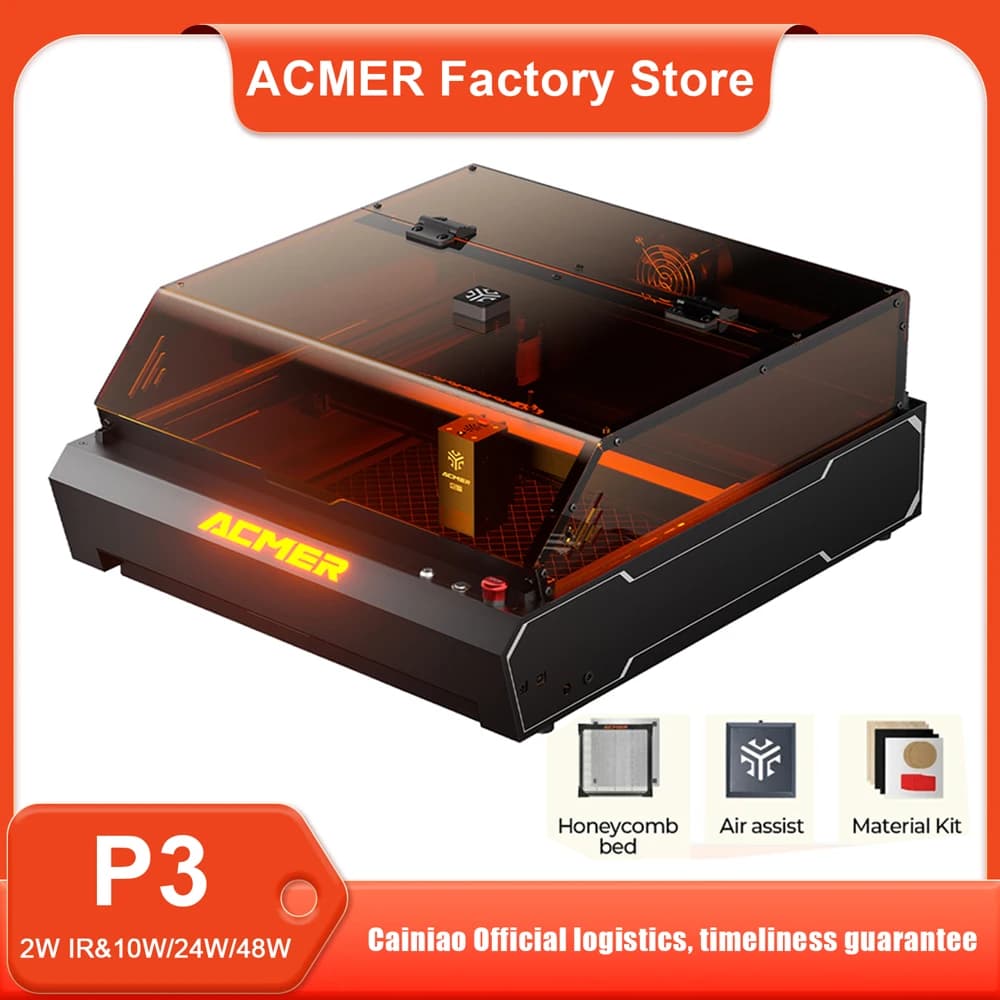 Laser Engraver ACMER P3 48W 24W 10W+IR 2W with Camera and Air Service System, Powerful Laser Cutting Machine for Metal and Wood