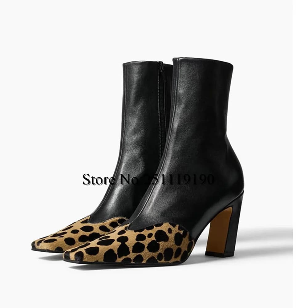 Stivaletti da donna con punta a punta con stampa leopardata Tacchi alti neri Scarpe eleganti slip-on alla moda Stivaletti per calzature autunno inverno da donna