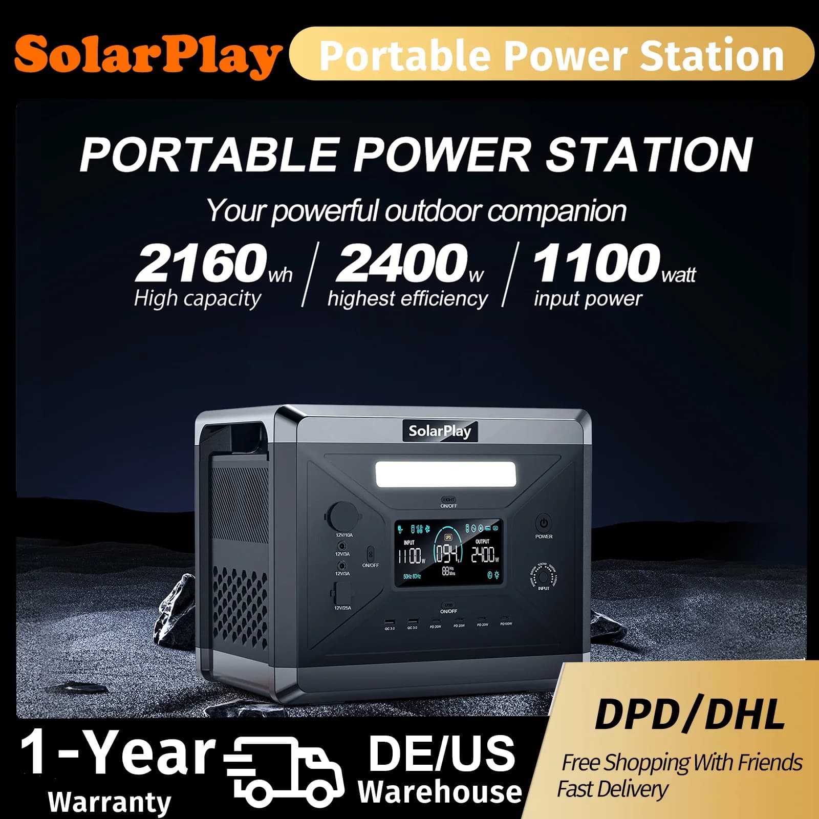 SOLARPLAY Q2501 portable power station for outdoor camping and home, LiFePO4 2160WH battery with 12-door solar generator
