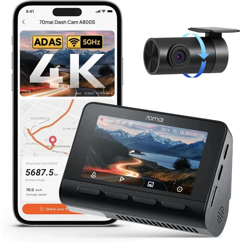 70mai 4K Dash Cam front and rear with STARVIS, 5 GHz integrated WiFi and GPS car camera, super night vision, ADAS, 3'''' IPS screen, 24
