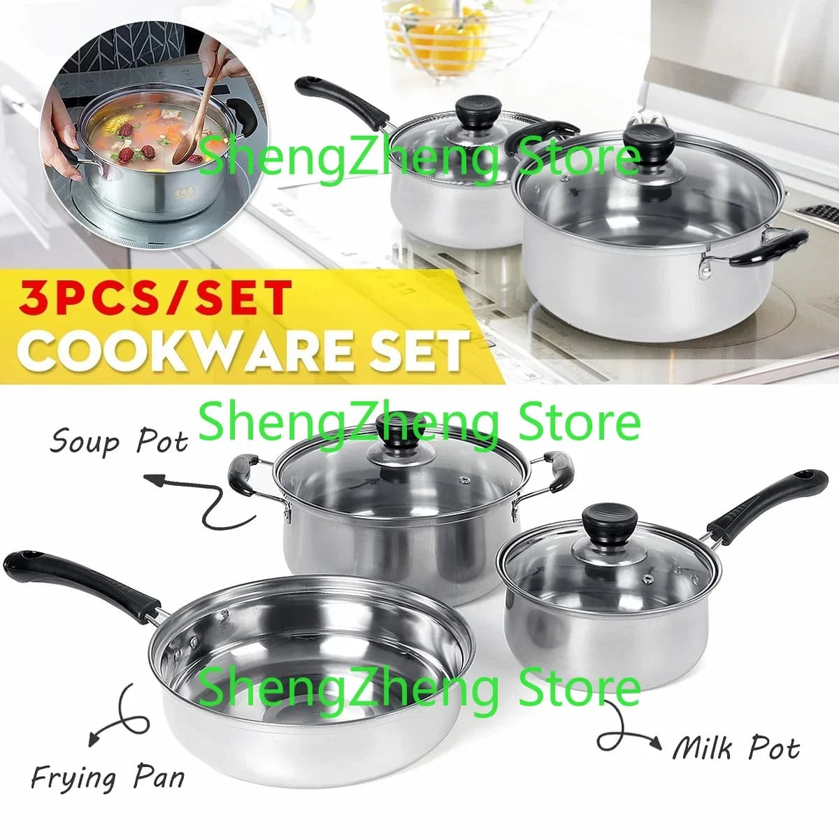 3 pieces/set stainless steel pan non-stick cookware pot, soup pan with lid + milk pot with lid + pan