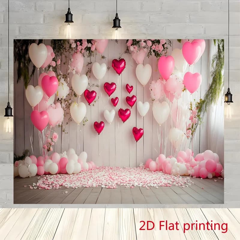 2D Flat,Wall Tapestry Pink Heart Balloon Print Hanging Cloth Valentines Party Background Cloth Romantic FloralThemed HomeLiving