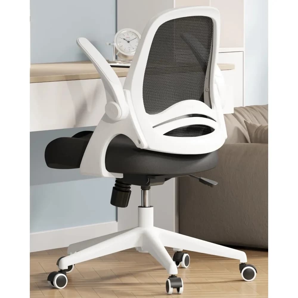Sedia da ufficio ergonomica con braccioli ribaltabili e cuscino da sella, schienale a forma di S, girevole