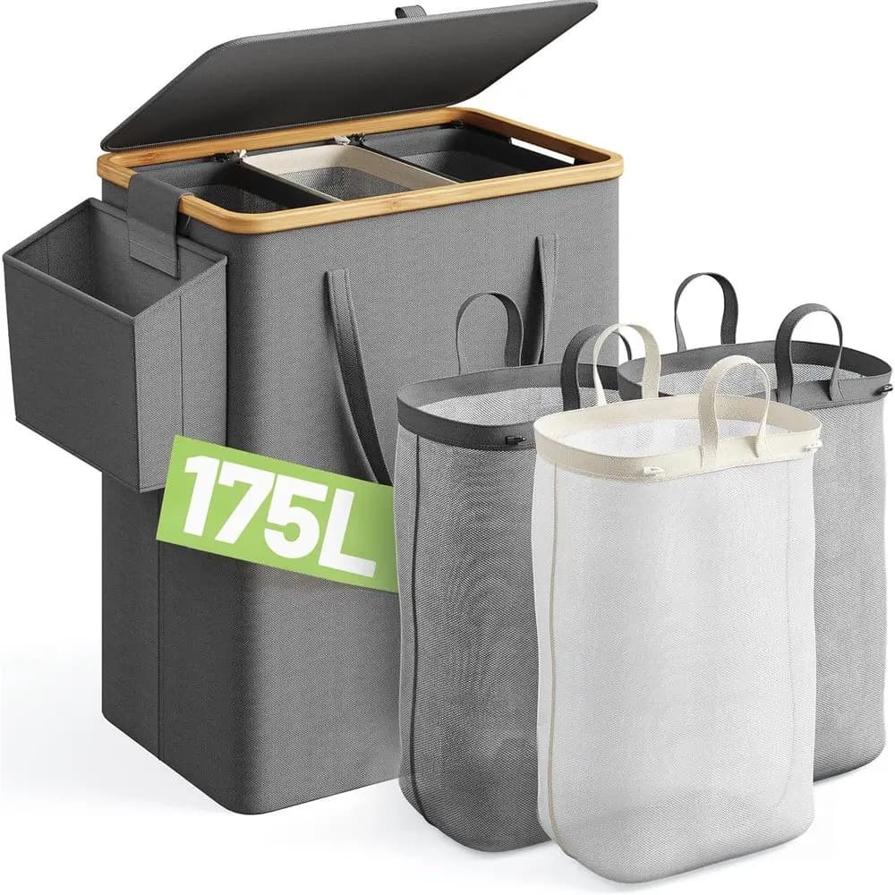 Cesto Portabiancheria Extra Large da 175L a 3 Scomparti con Sacchi Rimovibili, Grigio - Ideale per Camera da Letto, Lavanderia, Dormitorio