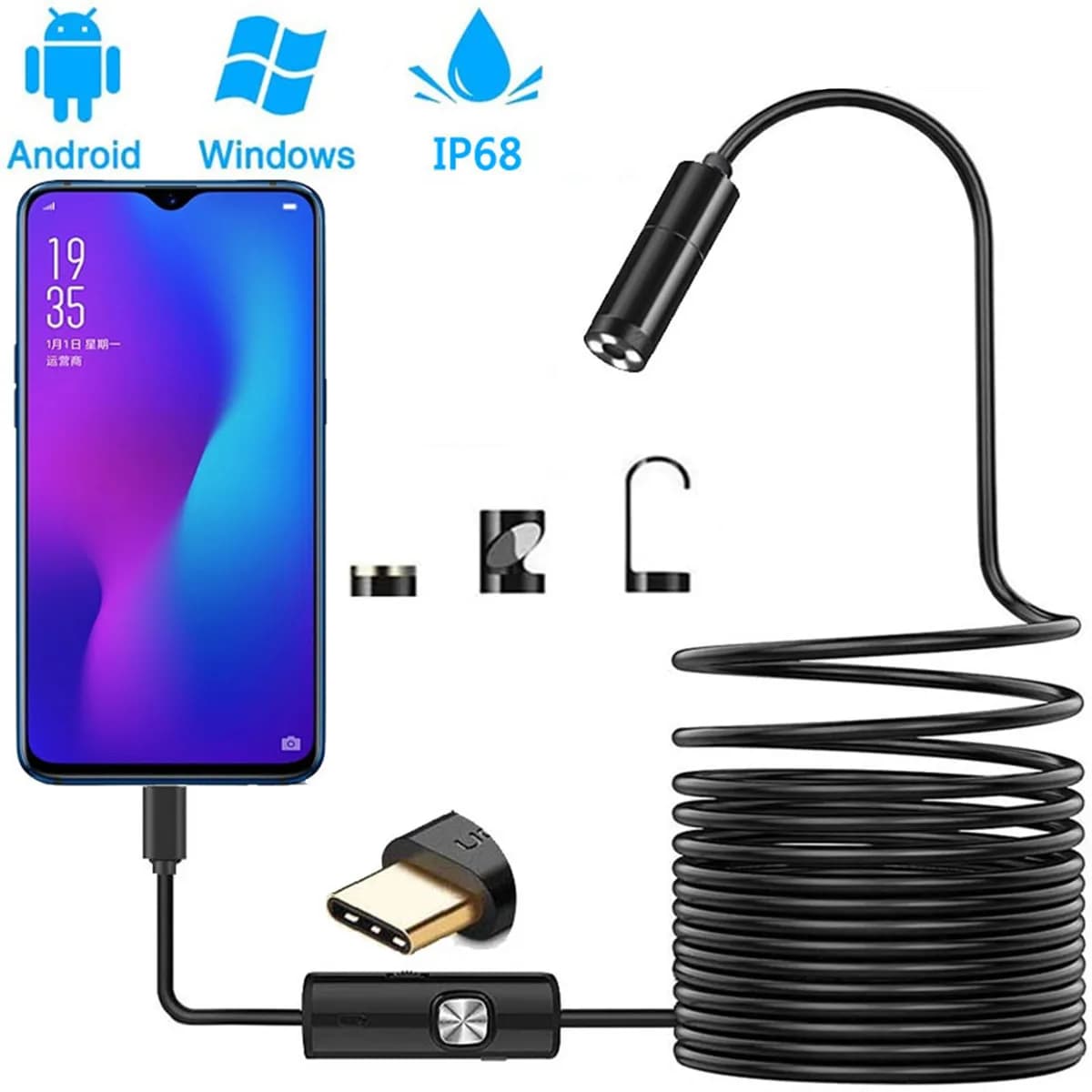 Endoscopio USB 3-in-1 da 5MP 1944P con focale automatica da 12MM per Android OTG, boroscopio CMOS, otoscopio, microscopio digitale, telecamera per ispezione