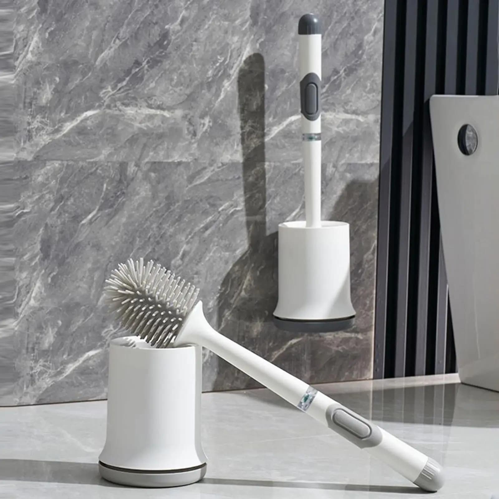 Scopino per WC in silicone senza foratura Pulitore per scopino per WC con manico lungo e supporto Strumento per la pulizia del lavapavimenti verticale montato a parete