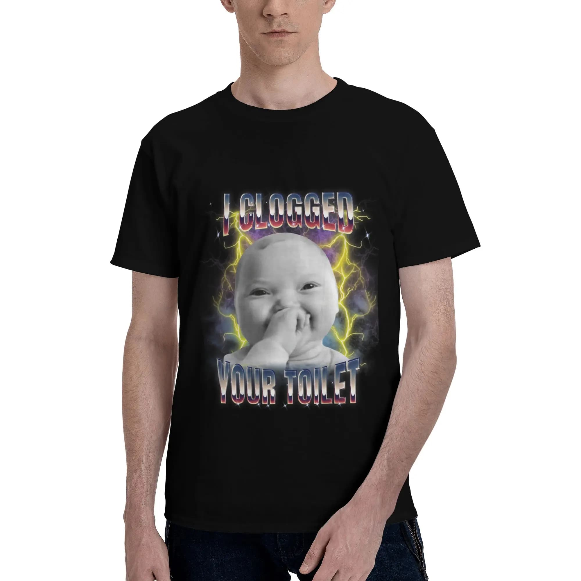 T-shirt da uomo in cotone a maniche corte con stampa meme AI Baby Laughing Brainrot - I Clogged Your Toilet