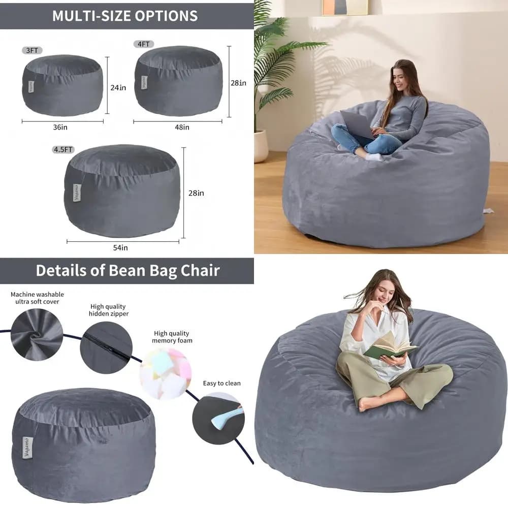 Poltrona a sacco imbottita in memory foam, copertura in velluto ultra morbido, divano da 4 piedi per soggiorno, camera da letto, sala giochi, grigio