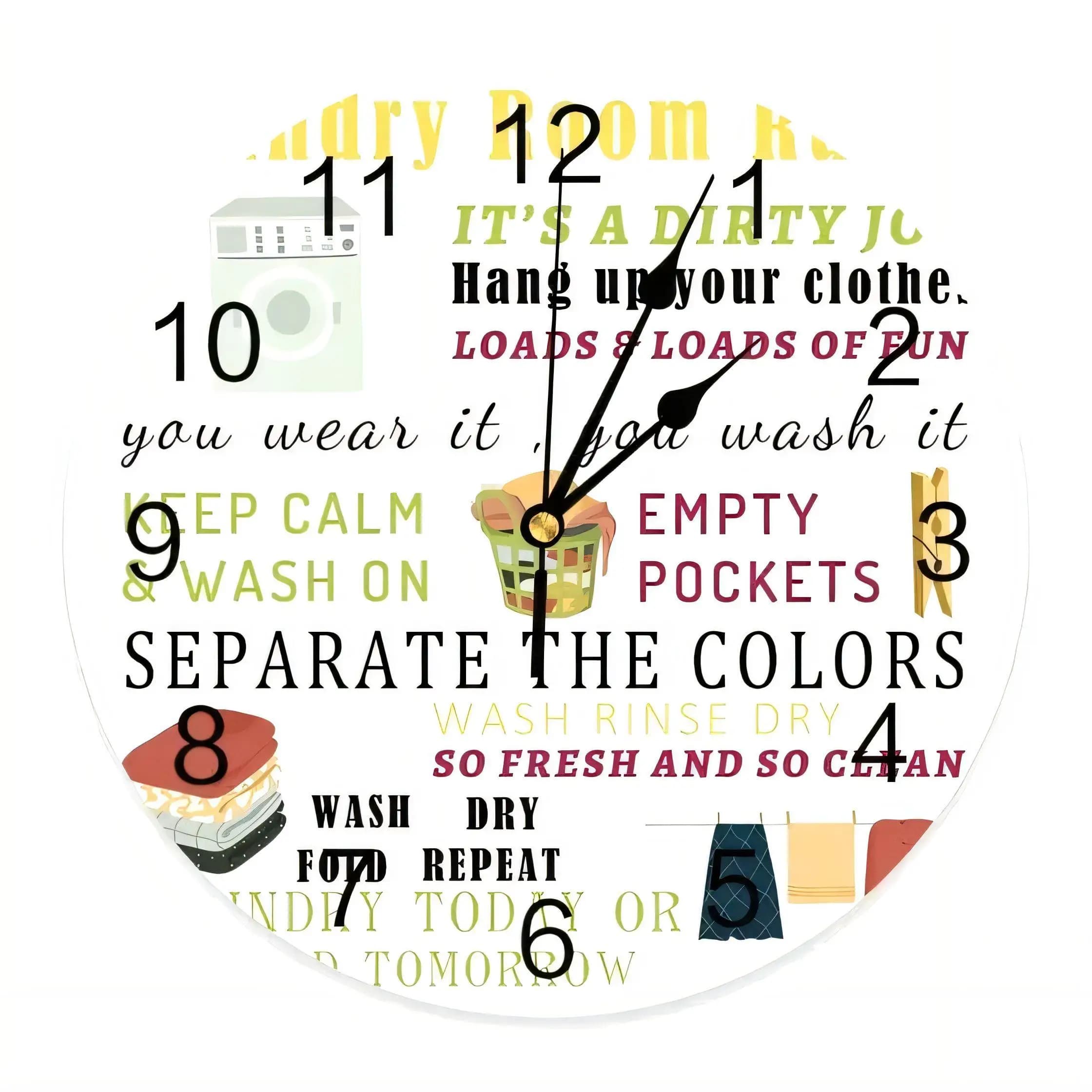 Rustic Laundry Room Wall Clock Decorative Round Silent Non Ticking Battery Operated with Washing Machine Illustrations for Kitc