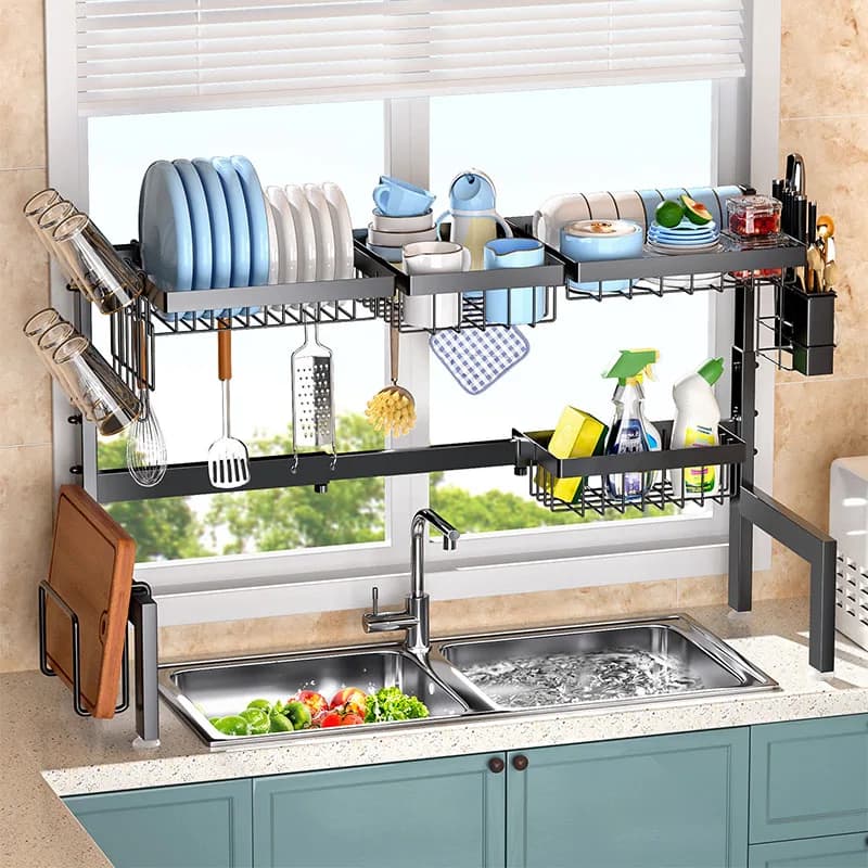 Kitchen shelf over the sink, extendable bowls for bowls, knives and kitchen utensils