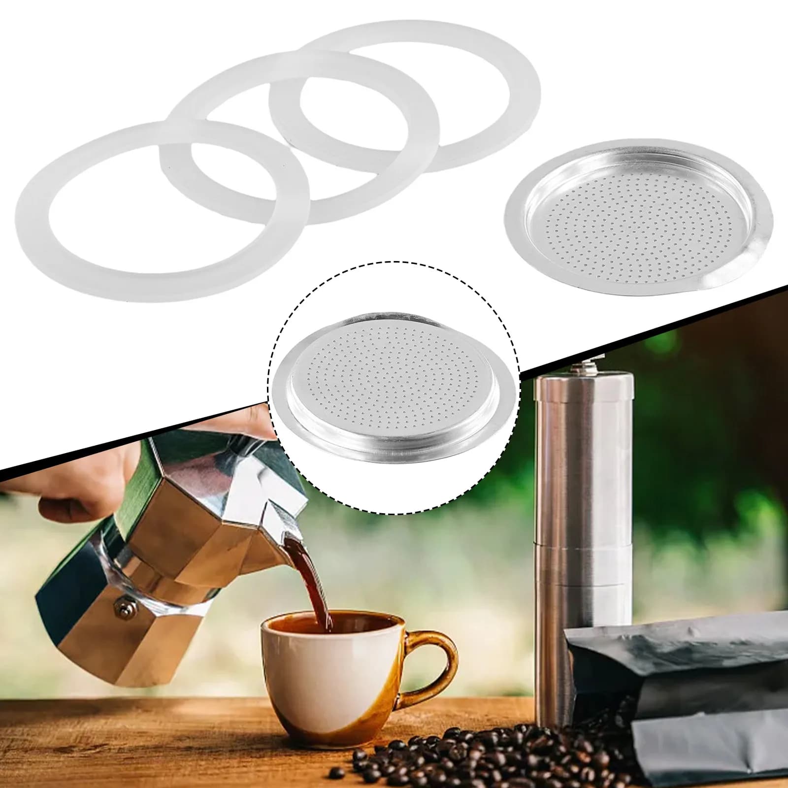 3 Silicone Seals And 1 Aluminum Filter For Espresso Pot Moka Pot Coffee Makers Accessories Silicone Rubber Ring Gaskets